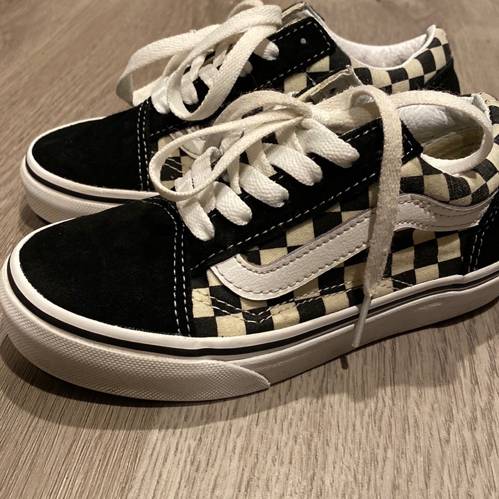 Old skool checkered vans.
